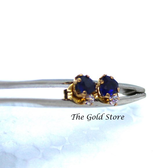 Solid Gold Blue Sapphire CZ diamond earrings - Picture 3 of 5